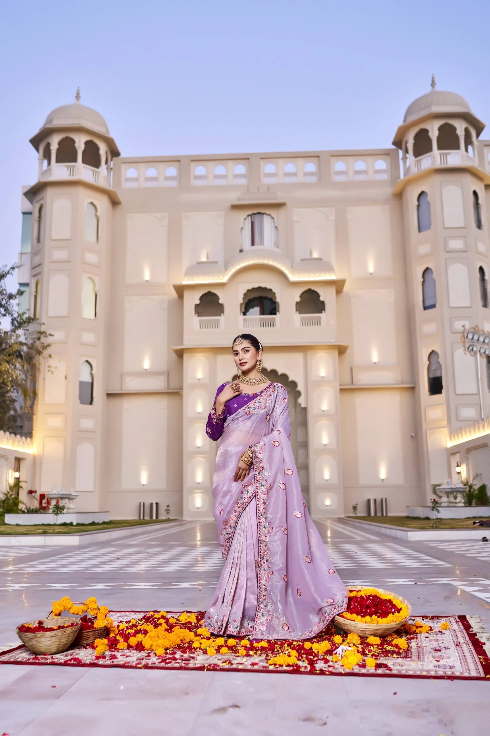 Purple Thread Sequins Embroidered Pure Silk Saree